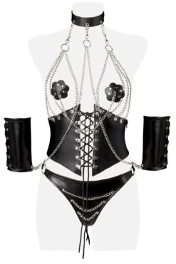 4 Piece Chain Halter Bra W/Corset & Bikini Bottoms -Coquette Shop 4 Piece Chain Halter Bra wCorset Bikini Bottoms Fetish Corsets Grey Velvet SEXYSHOESCOM 4