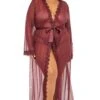 Plus Size Eyelash Lace Floor Length Robe With Satin Sash