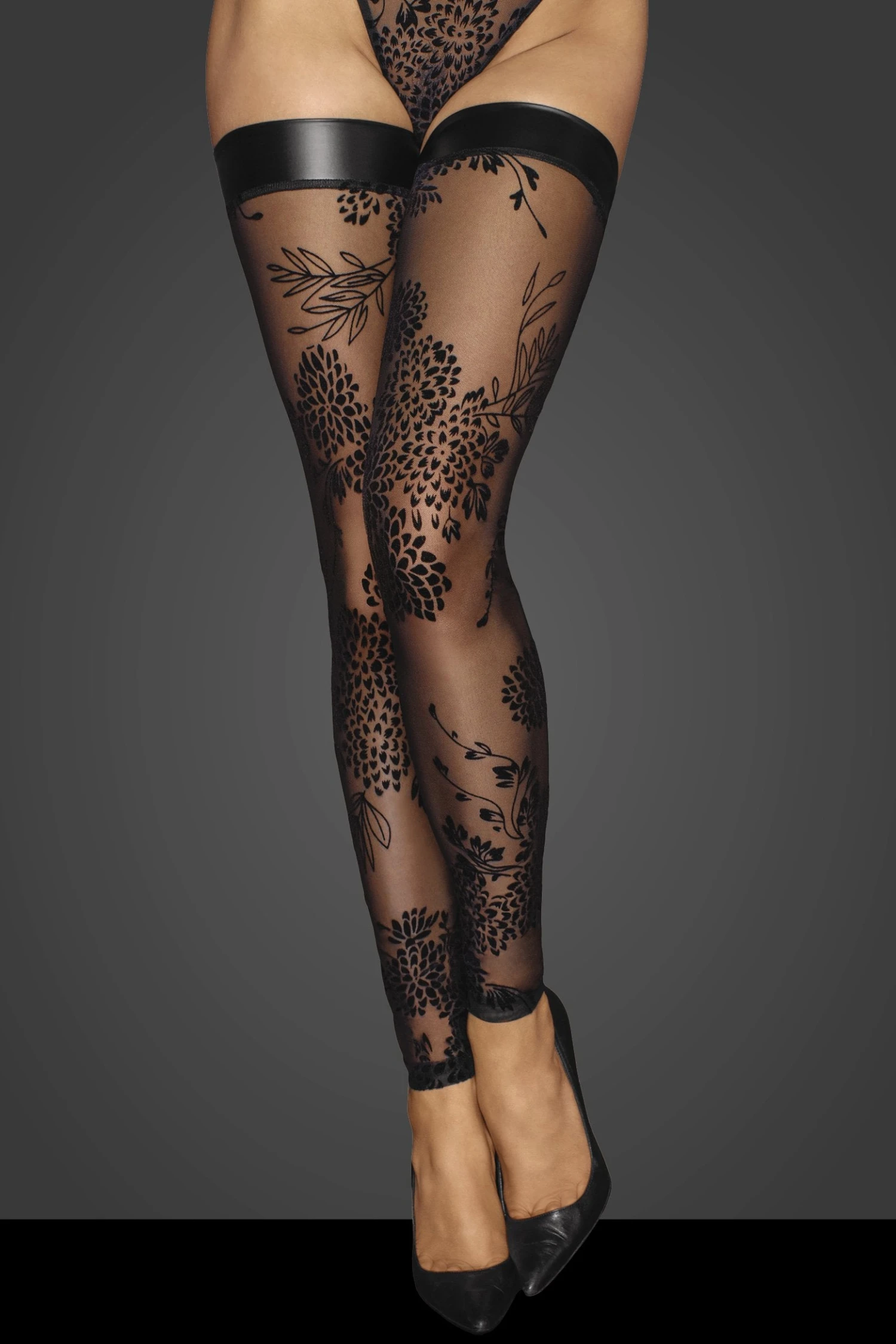 Noir Handmade Flocked Embroidery And Tulle Banded Stockings 1 Noir Handmade Flocked Embroidery And Tulle Banded Stockings