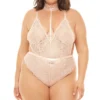 Plus Size Deep V-Plunge Teddy With Attached Lace Choker