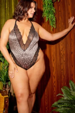 Plus Size Leopard Satin Deep V-Plunge Eyelash Teddy -Coquette Shop Leopard Print Satin Teddy With Plunging Neckline And Eyelash Lace Finishes Teddies Oh La La Cheri SEXYSHOES COM 3 scaled