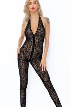 Noir Handmade Leopard Flock Halter Catsuit