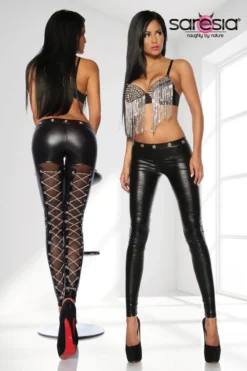 Mesh Panel Chained Detail Fitted Leggings -Coquette Shop Mesh Panel Chained Detail Fitted Leggings Fetish Pants Saresia SEXYSHOES COM 3