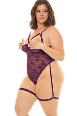 Plus Size Cutout Triangle Top Teddy And Garter Stays -Coquette Shop Open Shelf Cup Teddy With Open Gusset And Attached Decorative Garter Stays Teddies Oh La La Cheri SEXYSHOES COM 3