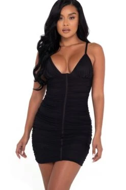 V Plunge Ruched Front Mesh Mini Dress