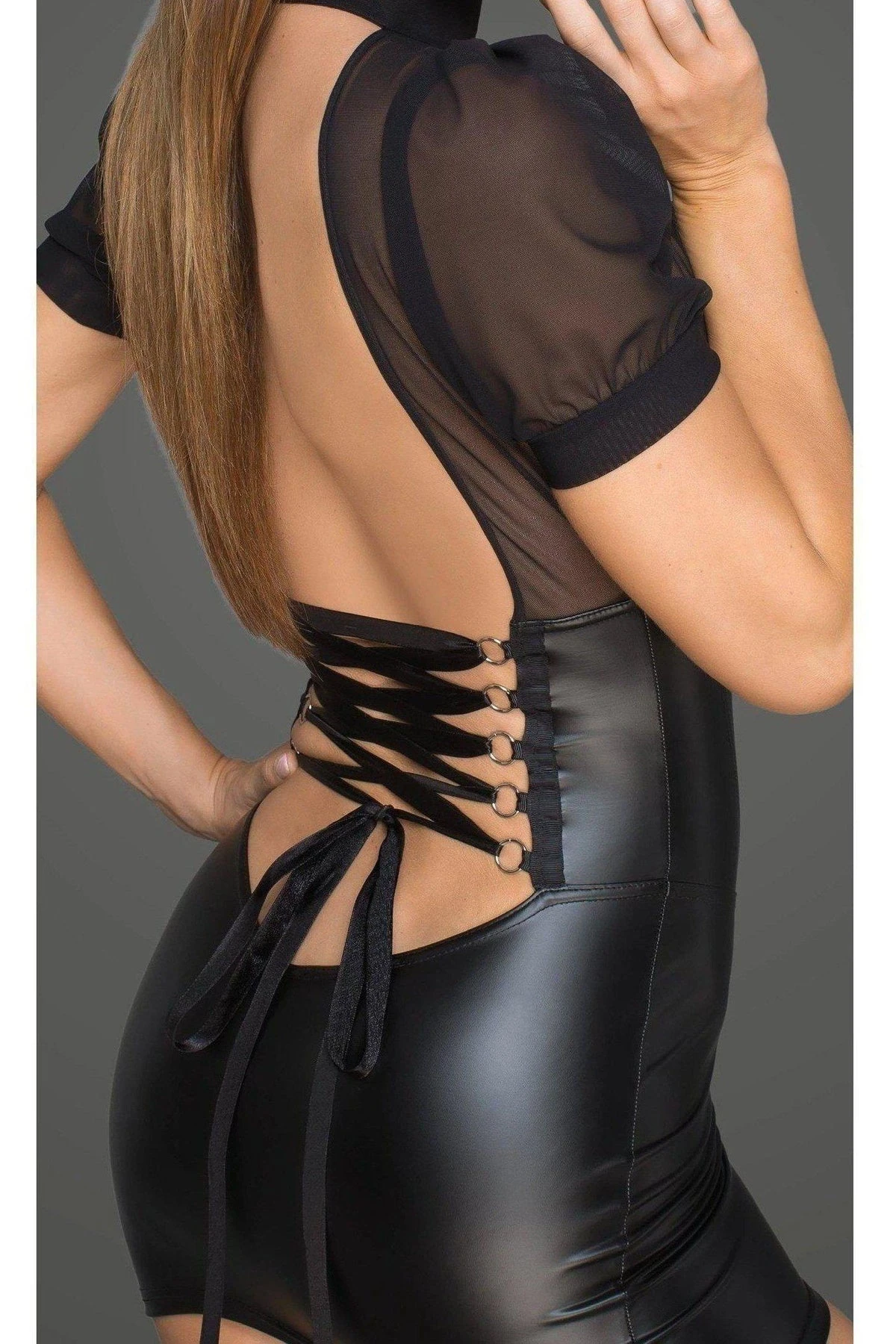 Noir Handmade Minidress With Tulle Top, Bouffant Sleeves & Corset Element 4 Noir Handmade Minidress With Tulle Top, Bouffant Sleeves & Corset Element - Image 4