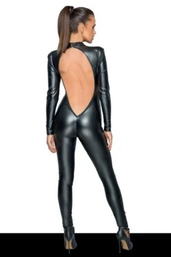 Noir Handmade Open Back Stone Trim Wetlook Catsuit -Coquette Shop open back stone trim wetlook catsuit fetish catsuits noir handmade sexyshoescom 6