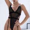 Striped Mesh Bodysuit With Faux Leather Accents