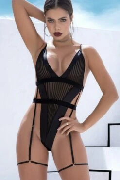 Striped Mesh Bodysuit With Faux Leather Accents