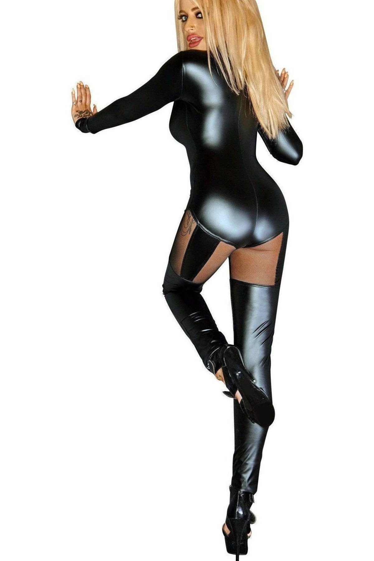 Noir Handmade Wetlook Tull Insert Zippered Catsuit 4 Noir Handmade Wetlook Tull Insert Zippered Catsuit - Image 4